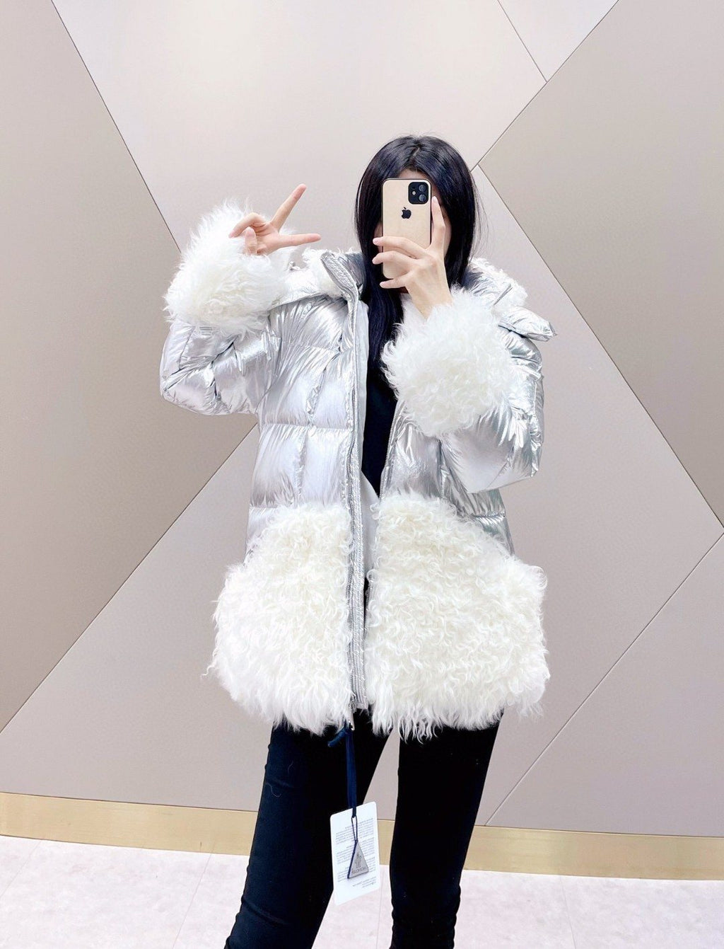 Moncler Silver Plush Panel Puffer Coat