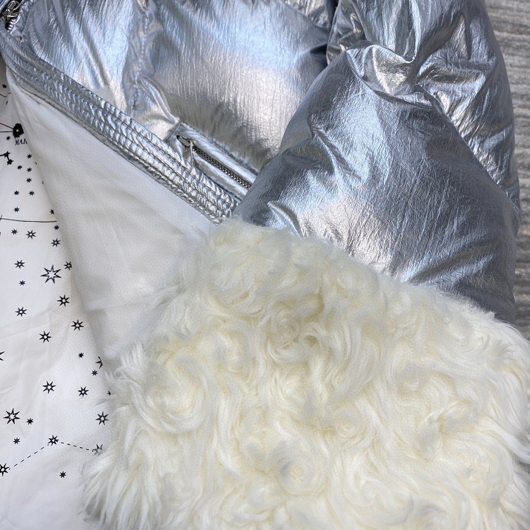 Moncler Silver Plush Panel Puffer Coat
