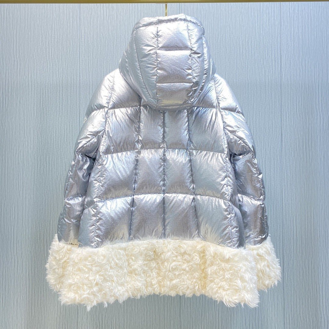 Moncler Silver Plush Panel Puffer Coat