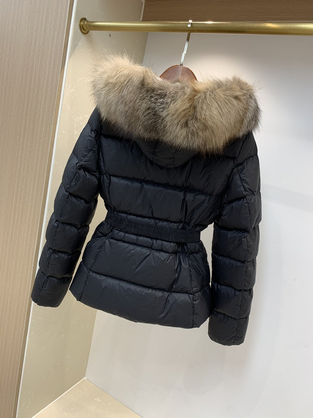 Moncler Fur-Trim Belted Puffer Coat