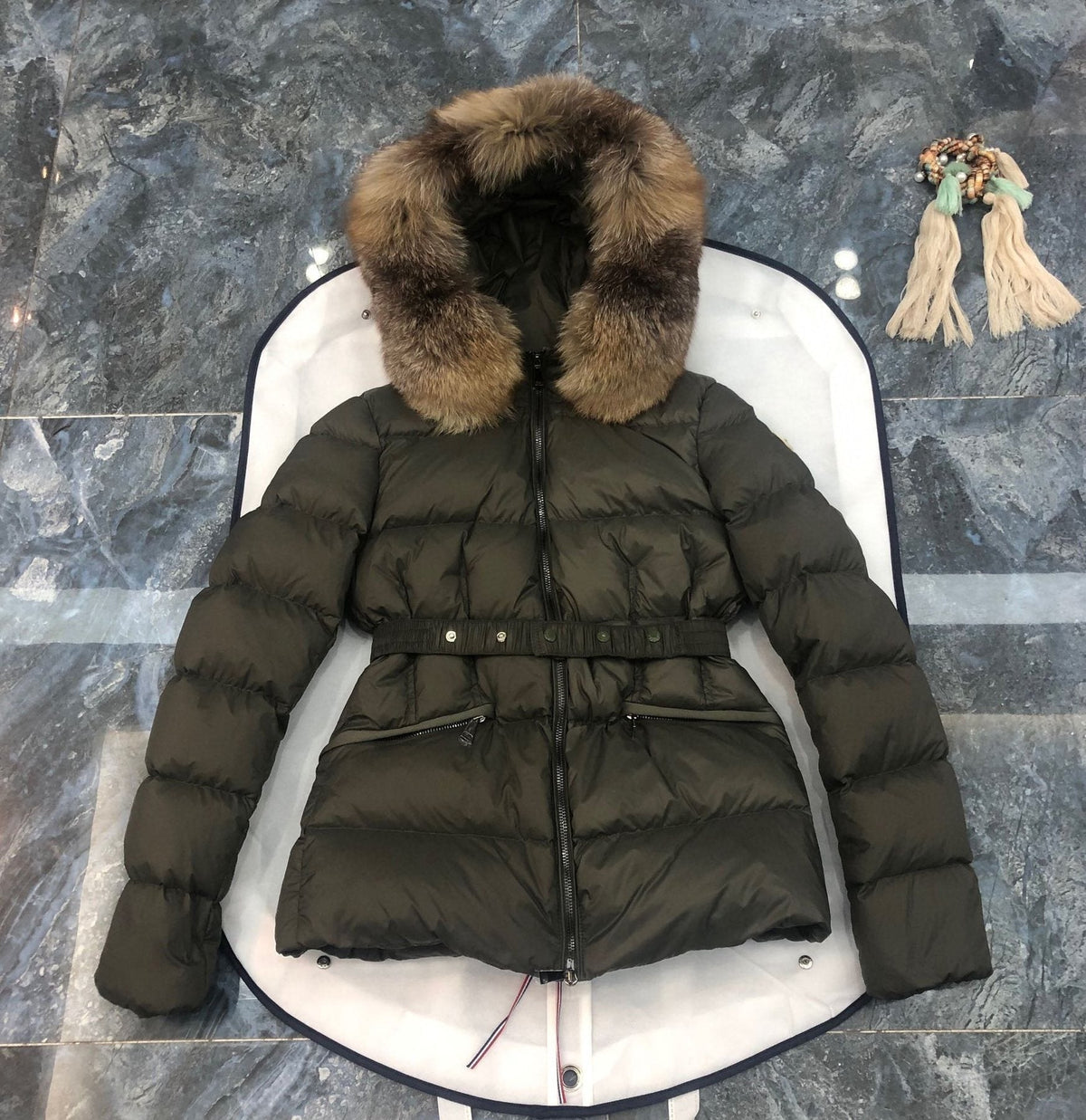 Moncler Fur-Trim Belted Puffer Coat