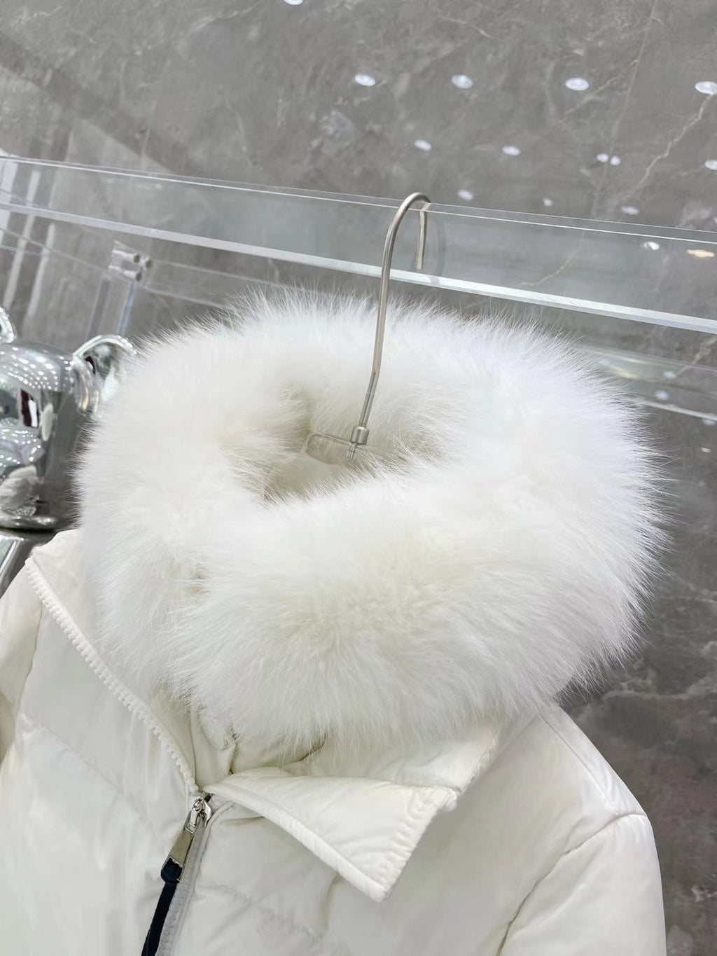 Moncler White Fur-Trim Hood Long Down Coat