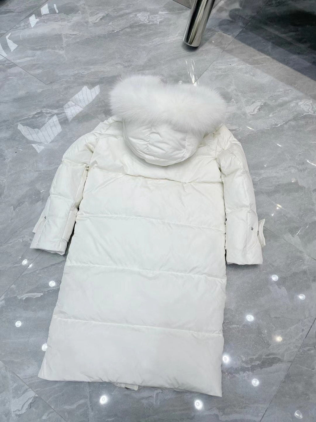 Moncler White Fur-Trim Hood Long Down Coat