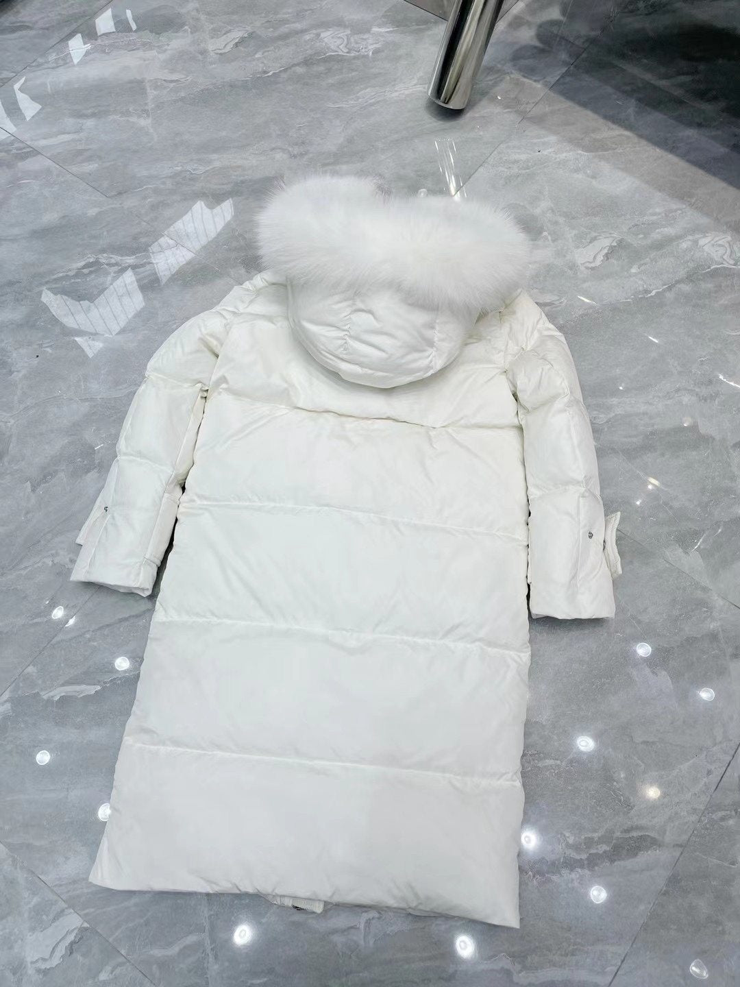 Moncler White Fur-Trim Hood Long Down Coat