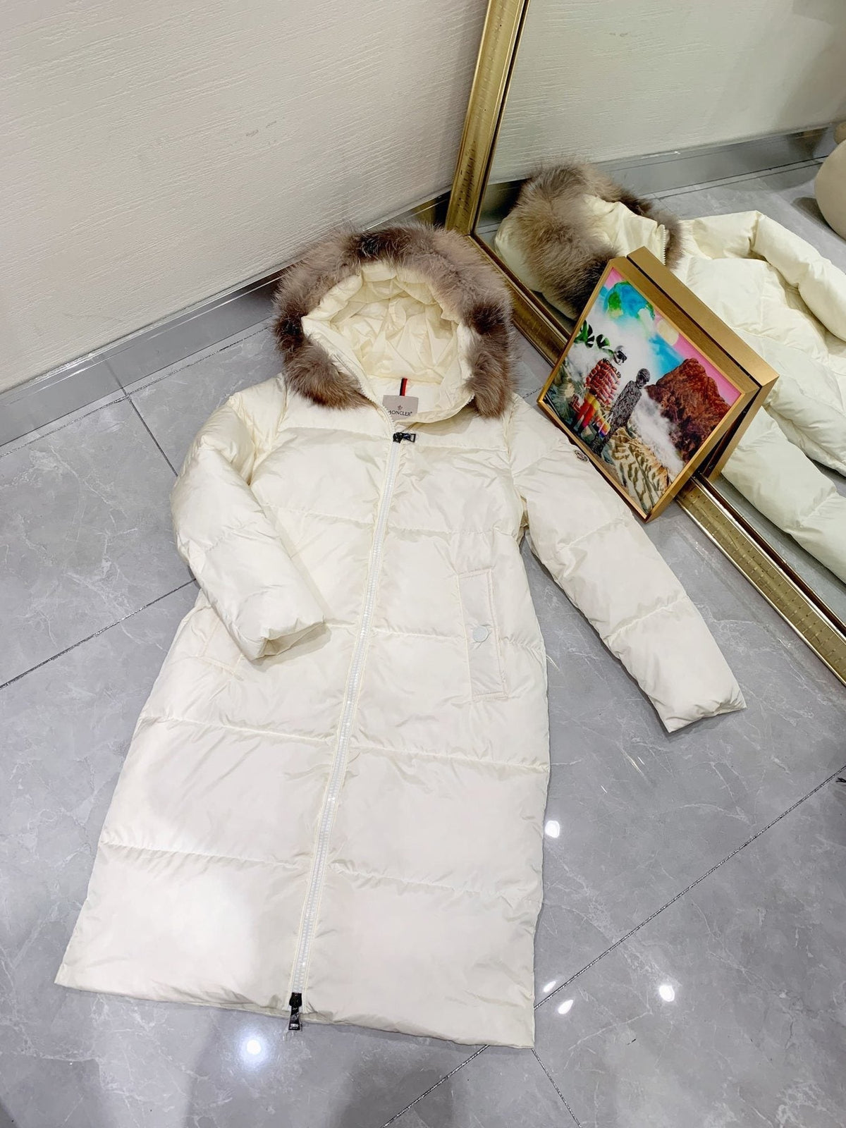 Moncler Hooded Fur-Trim Long Down Coat