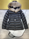 Moncler Fur-Trim Hood Belted Short Down Coat