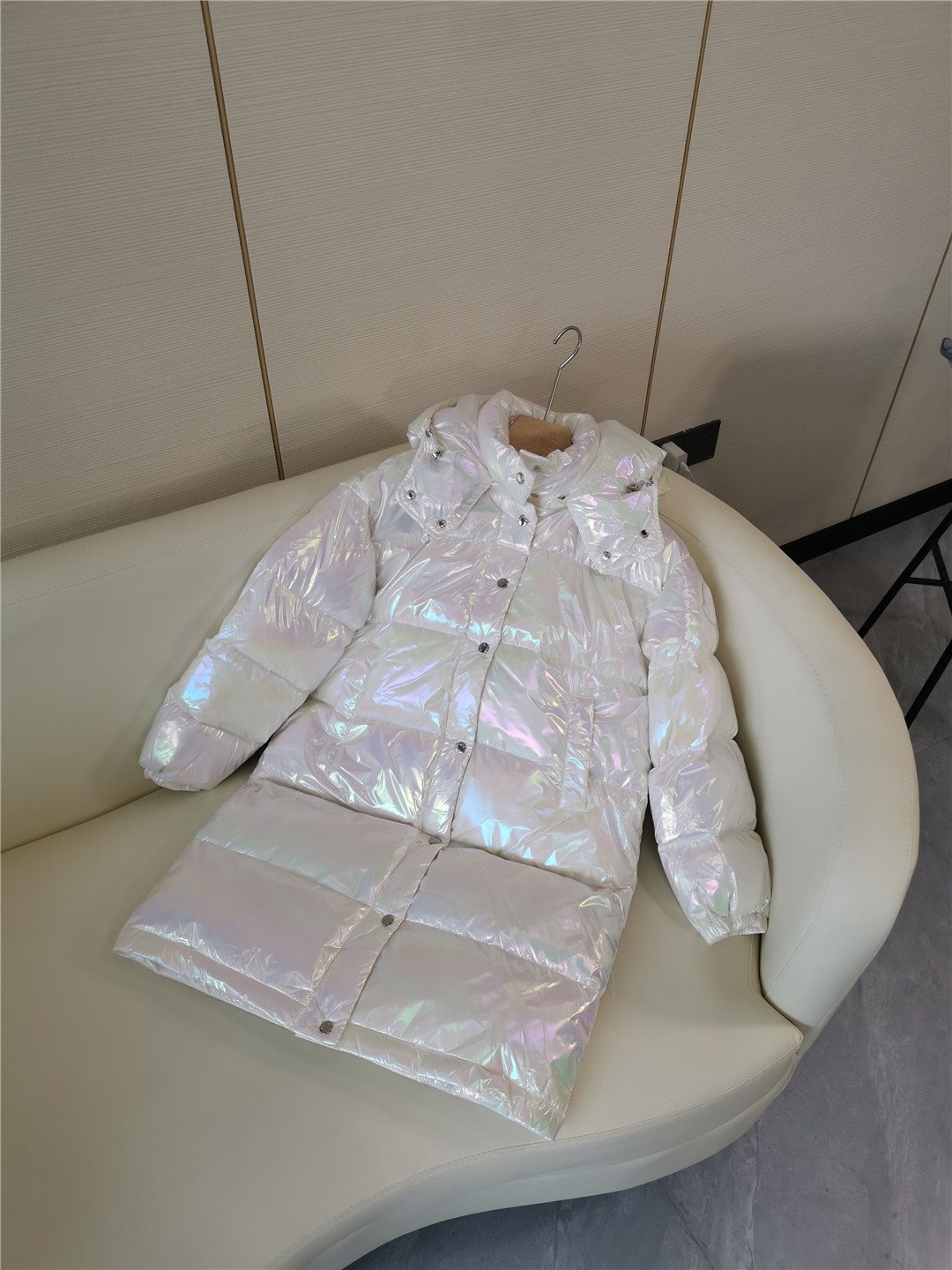 Moncler Women's Iridescent White Long Down Coat