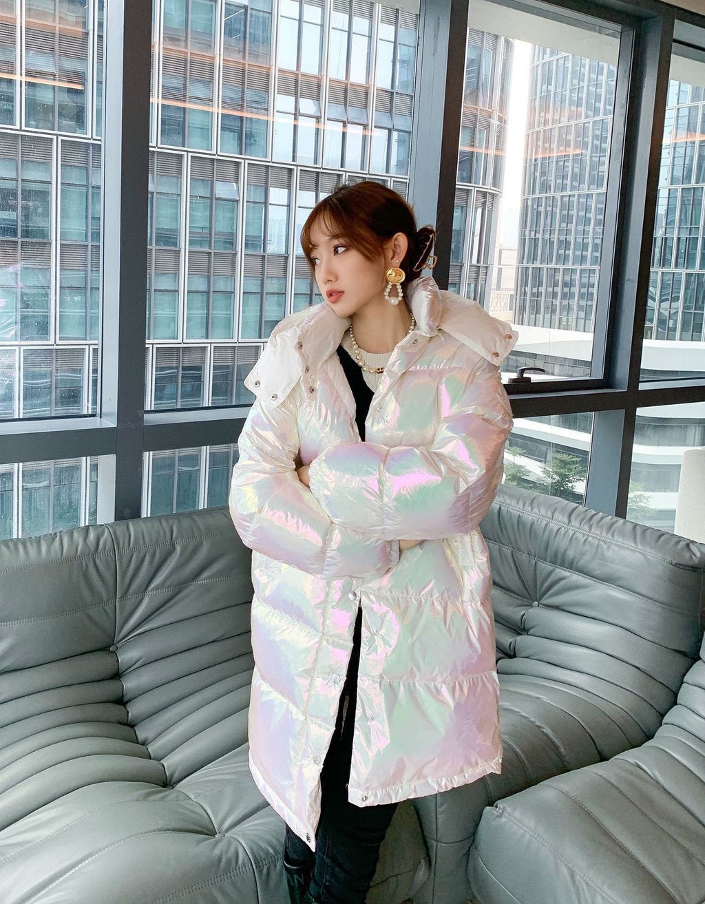 Moncler Women's Iridescent White Long Down Coat