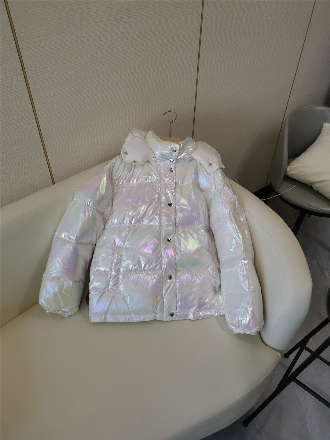 Moncler Iridescent White Short Down Coat