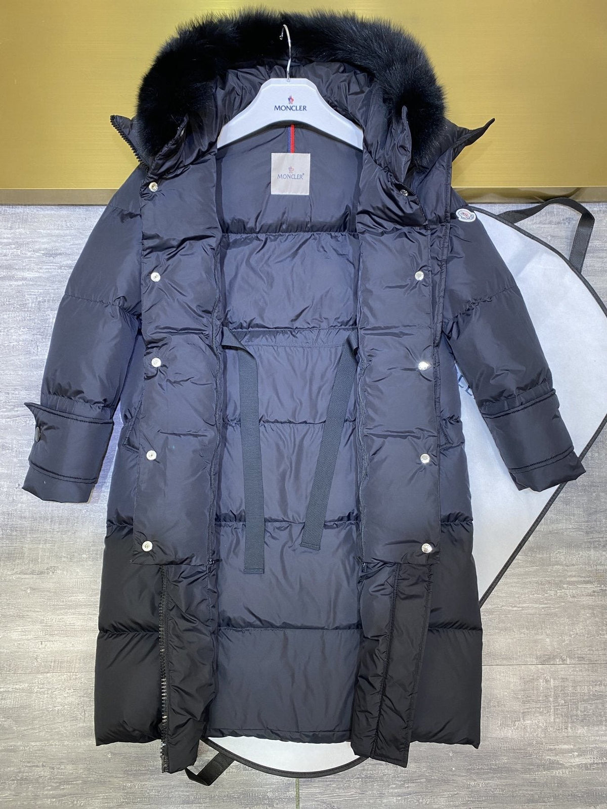 Moncler Women's Long Hooded Fur-Trim Down Coat