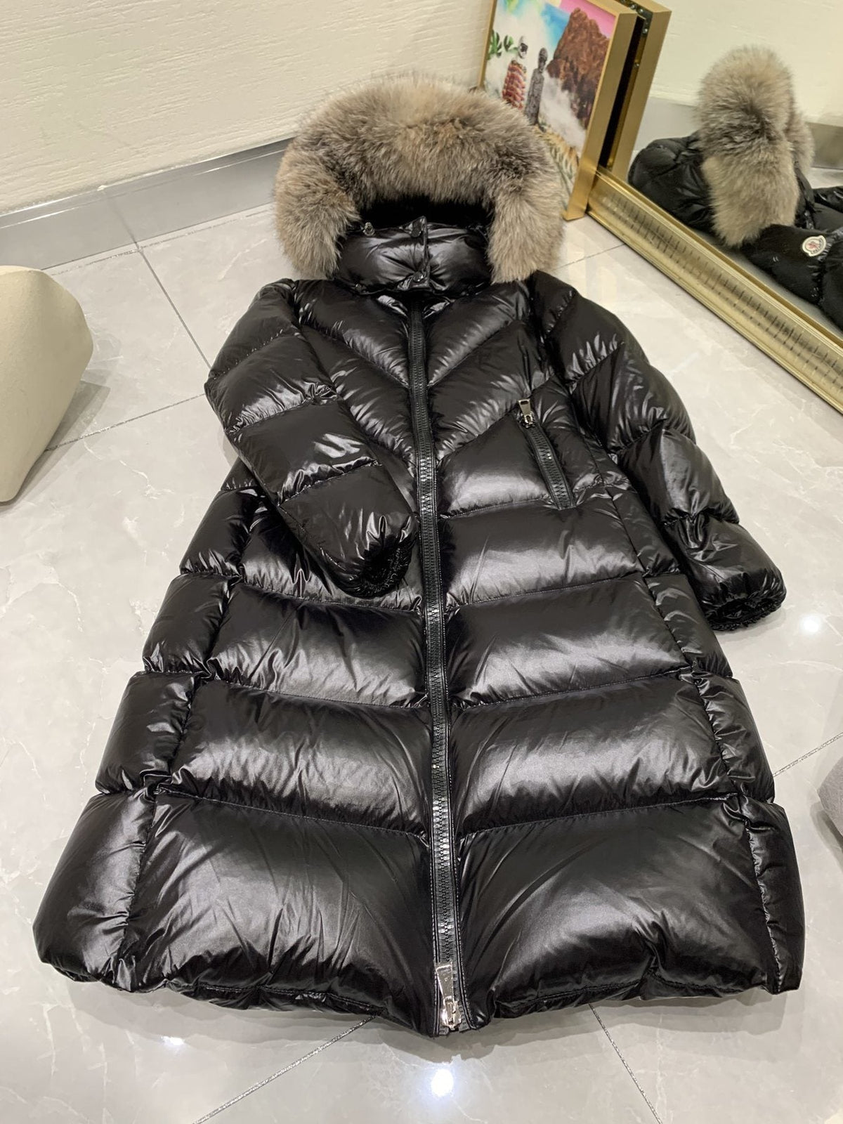 Moncler Women¡¯s Long Down Jacket with Fur-Trim Hood