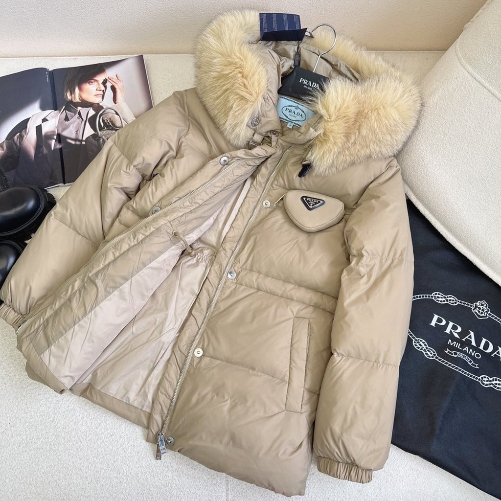 Prada Fur-Trim Hooded Puffer Jacket with Detachable Pouch