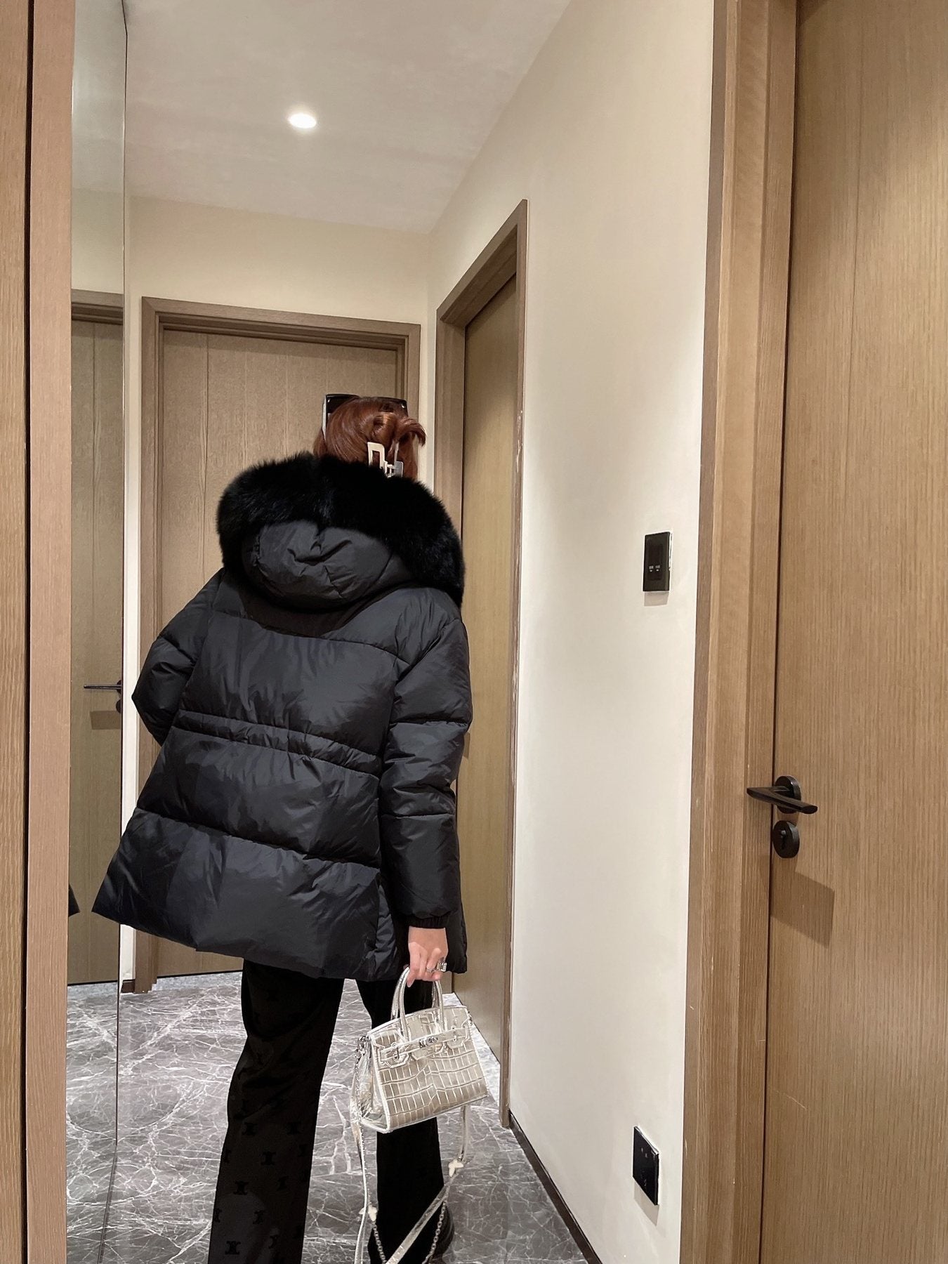 Prada Fur-Trim Hooded Puffer Jacket with Detachable Pouch