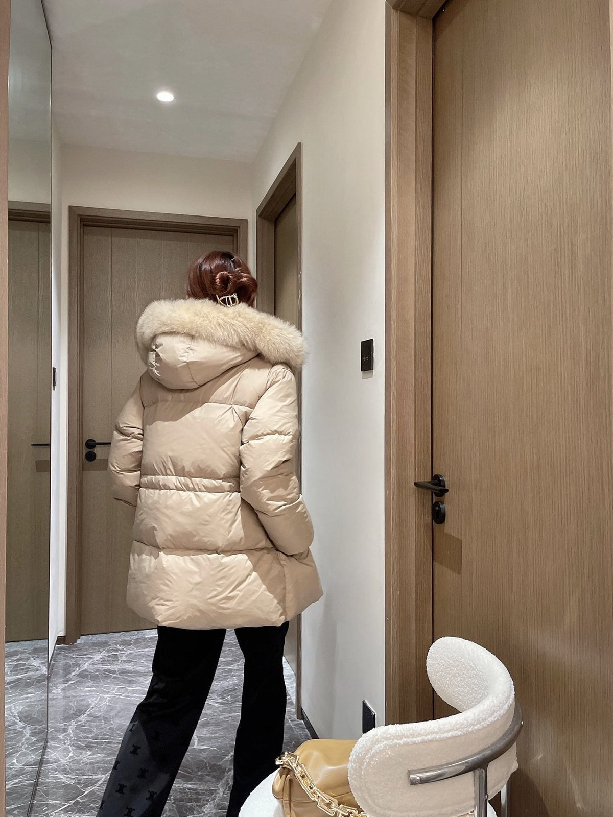Prada Fur-Trim Hooded Puffer Jacket with Detachable Pouch