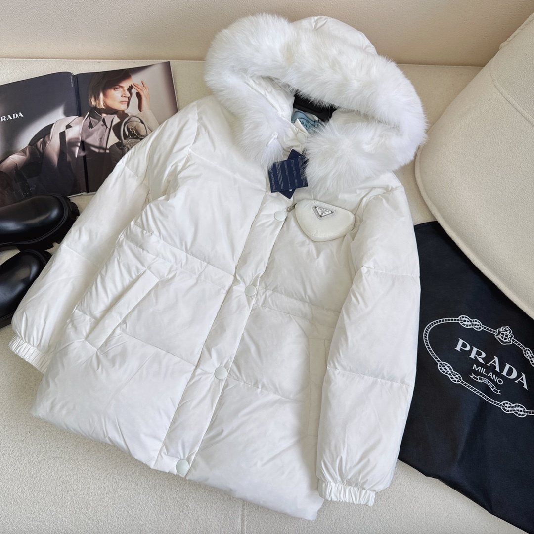 Prada Fur-Trim Hooded Puffer Jacket with Detachable Pouch
