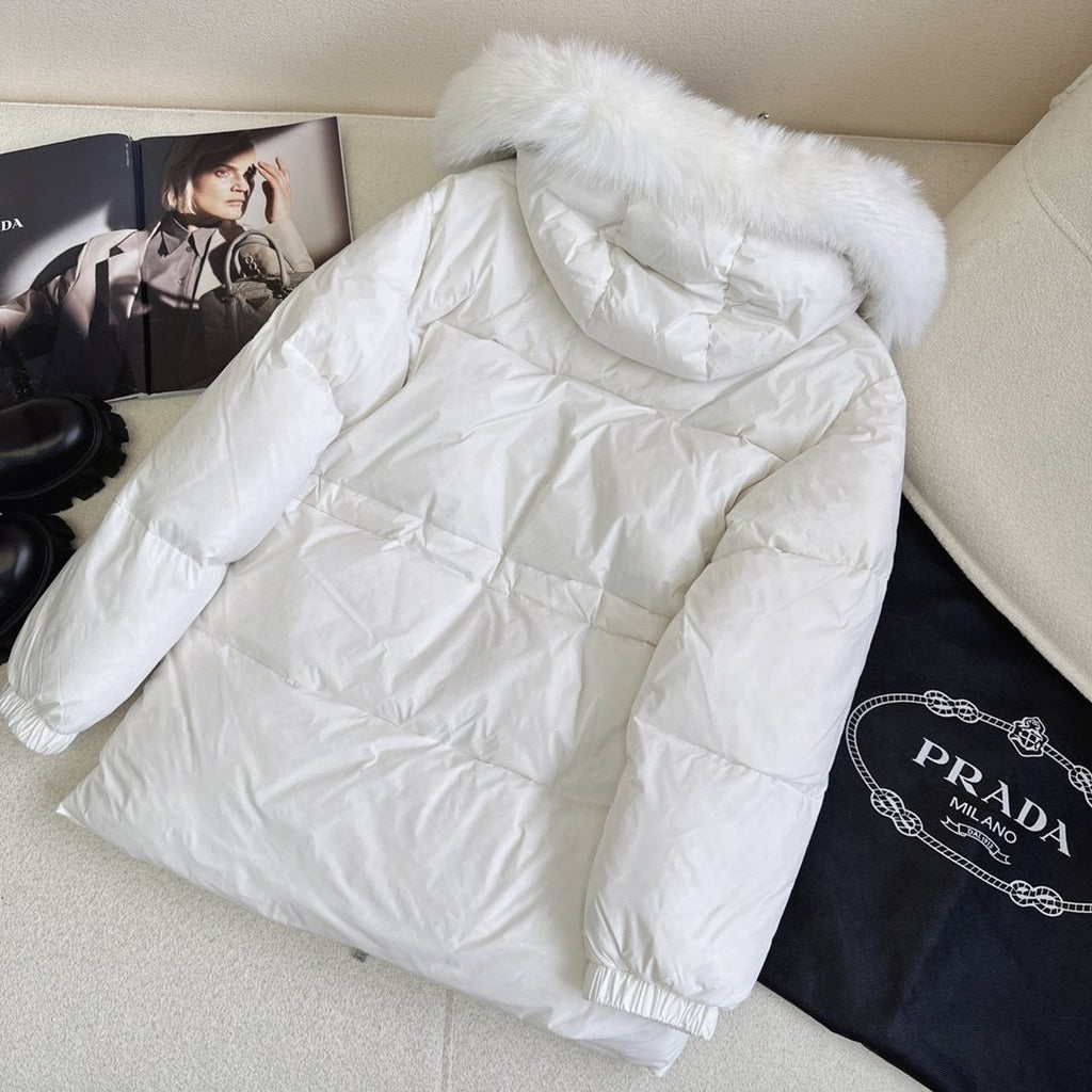 Prada Fur-Trim Hooded Puffer Jacket with Detachable Pouch