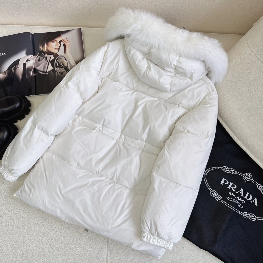 Prada Fur-Trim Hooded Puffer Jacket with Detachable Pouch