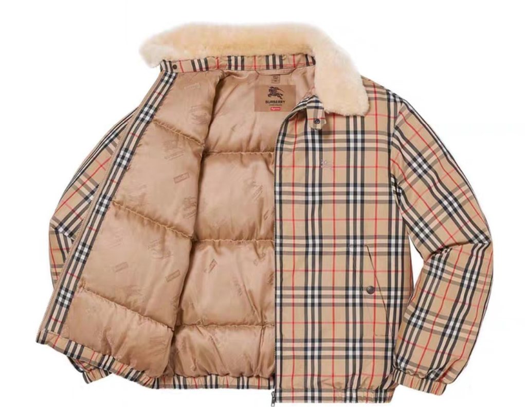 Burberry Beige Check Shearling-Collar Puffer Jacket