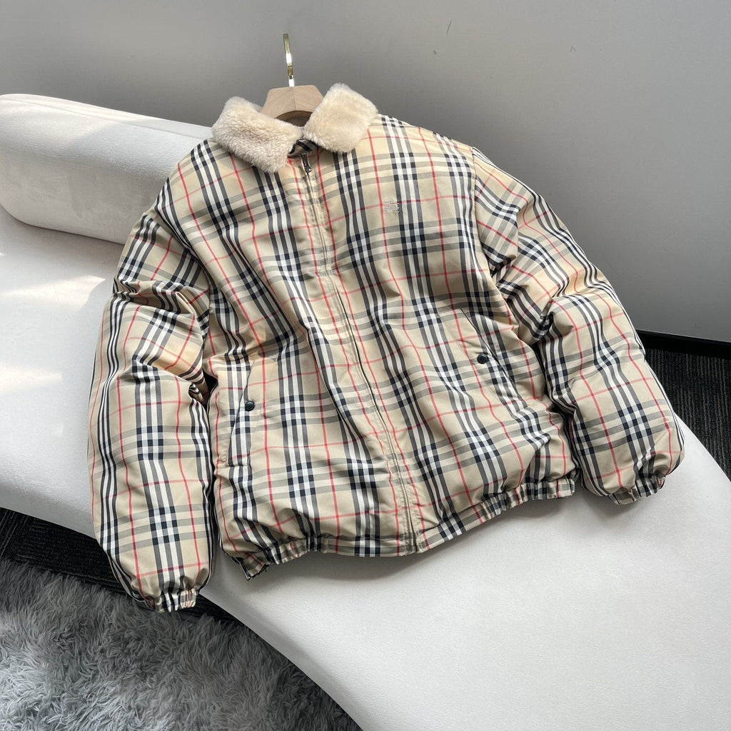 Burberry Beige Check Shearling-Collar Puffer Jacket