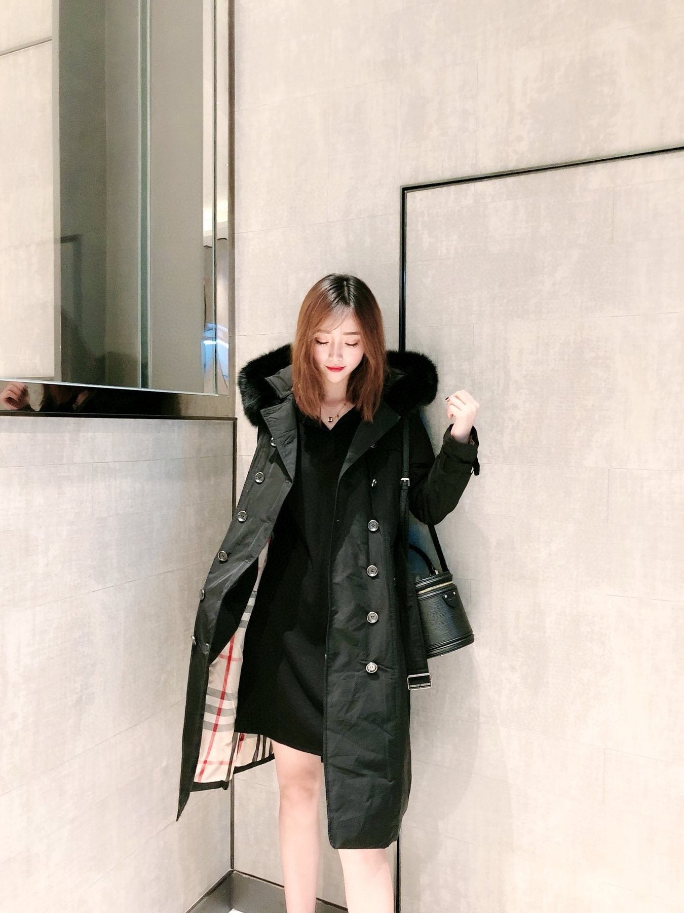 Burberry Fur-Trim Hooded Long Down Jacket