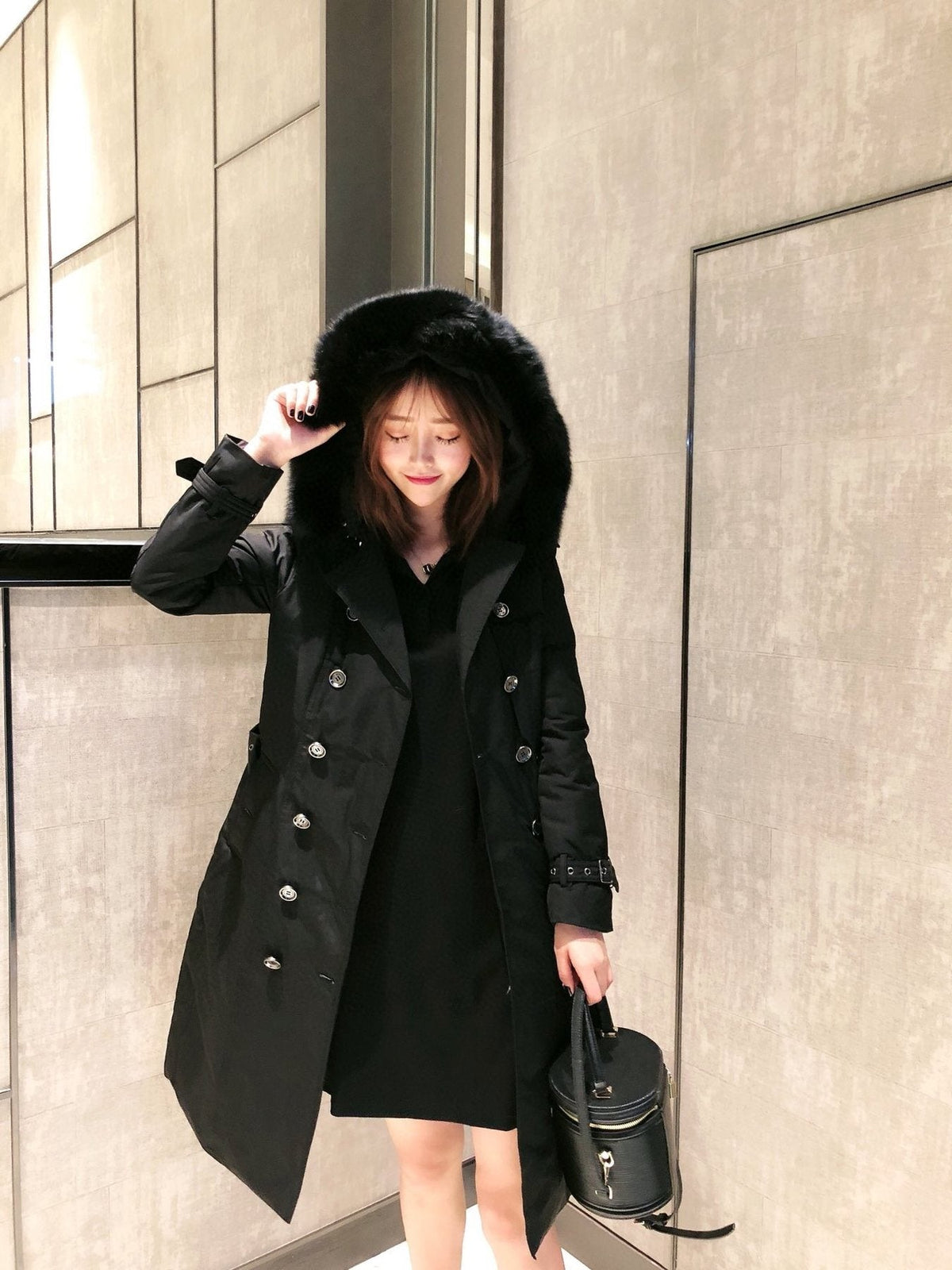 Burberry Fur-Trim Hooded Long Down Jacket