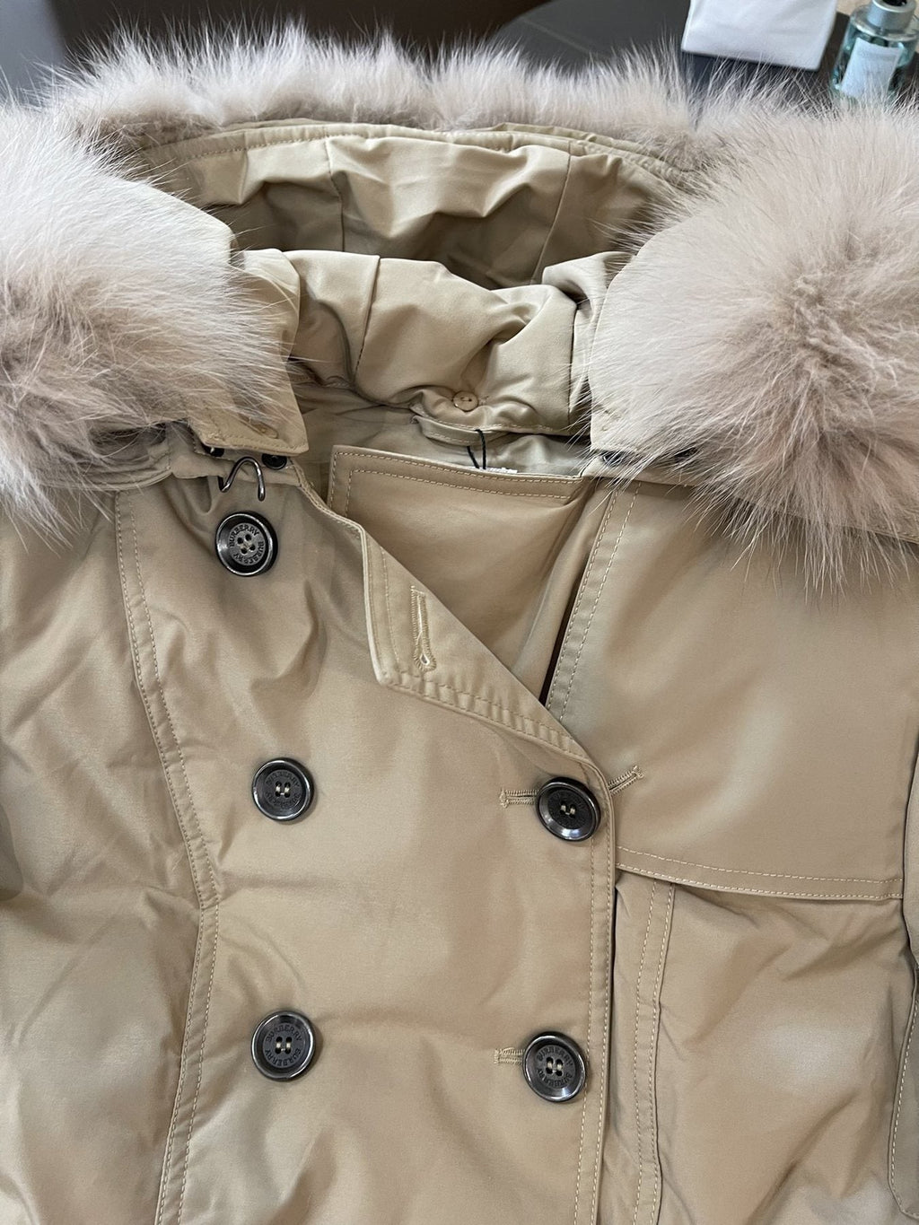 Burberry Fur-Trim Hooded Long Down Jacket