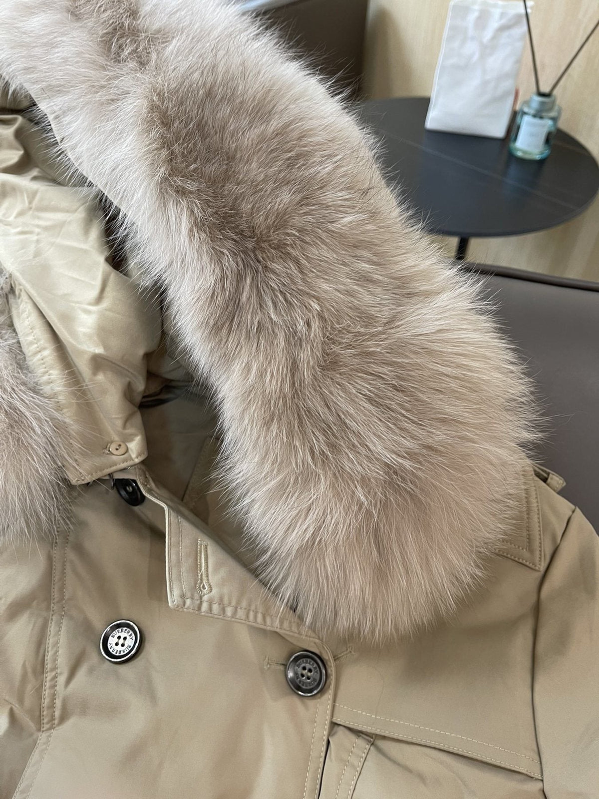 Burberry Fur-Trim Hooded Long Down Jacket