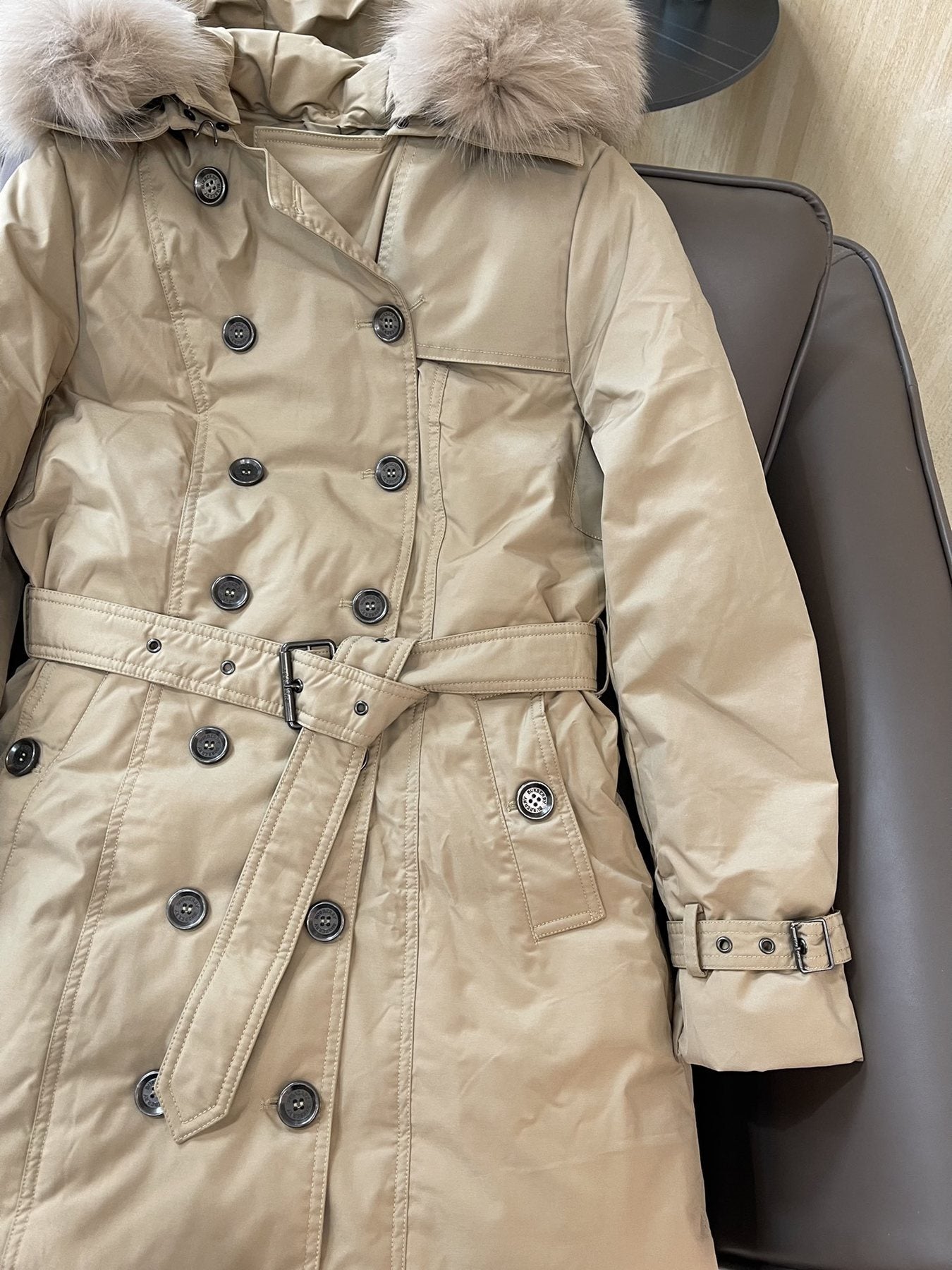 Burberry Fur-Trim Hooded Long Down Jacket