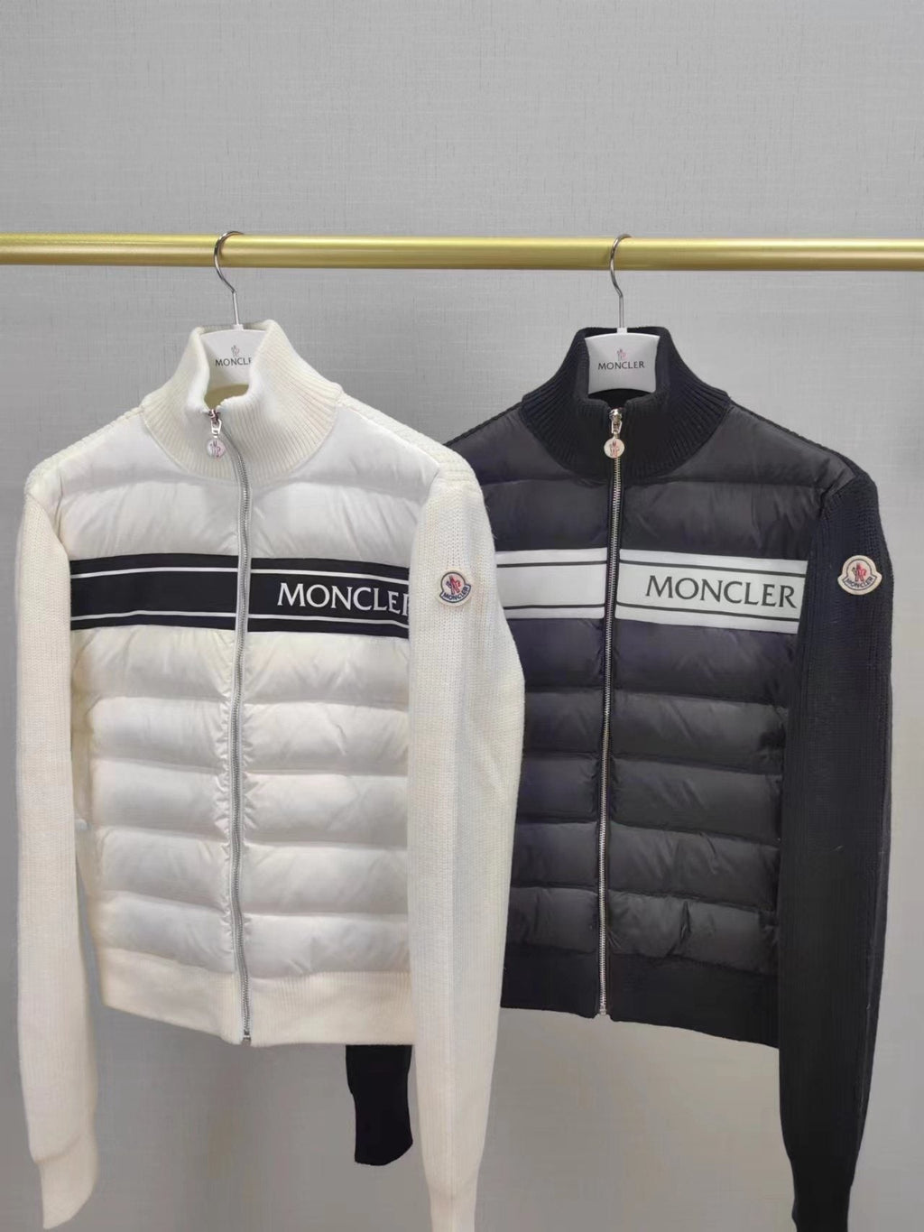Moncler Quilted Knit-Sleeve Down Jacket