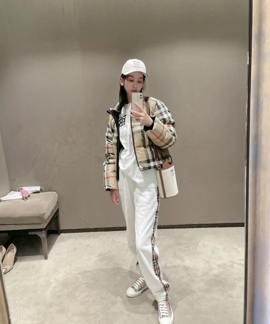 Burberry Beige and Navy Check Short Puffer Jacket