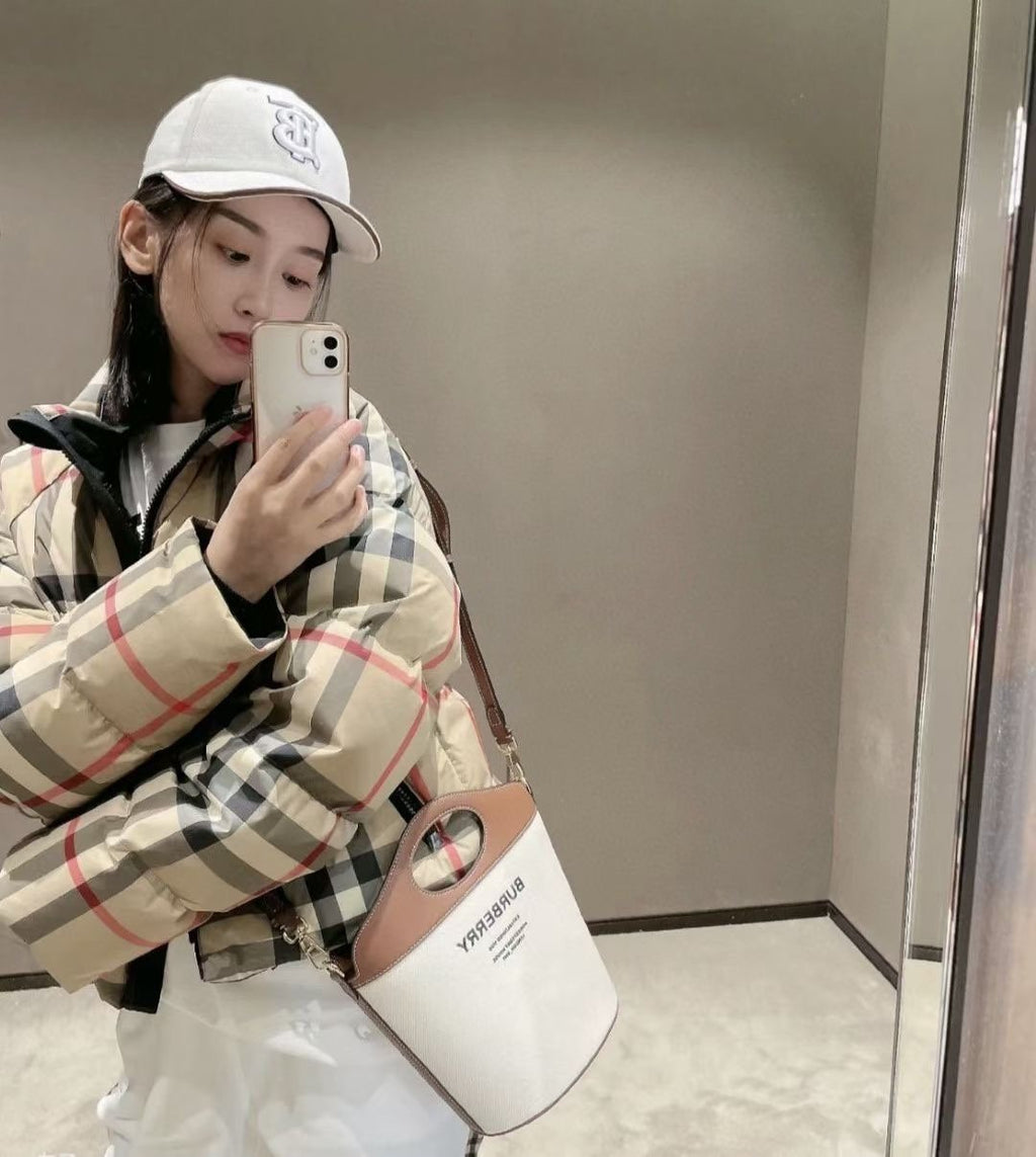 Burberry Beige and Navy Check Short Puffer Jacket