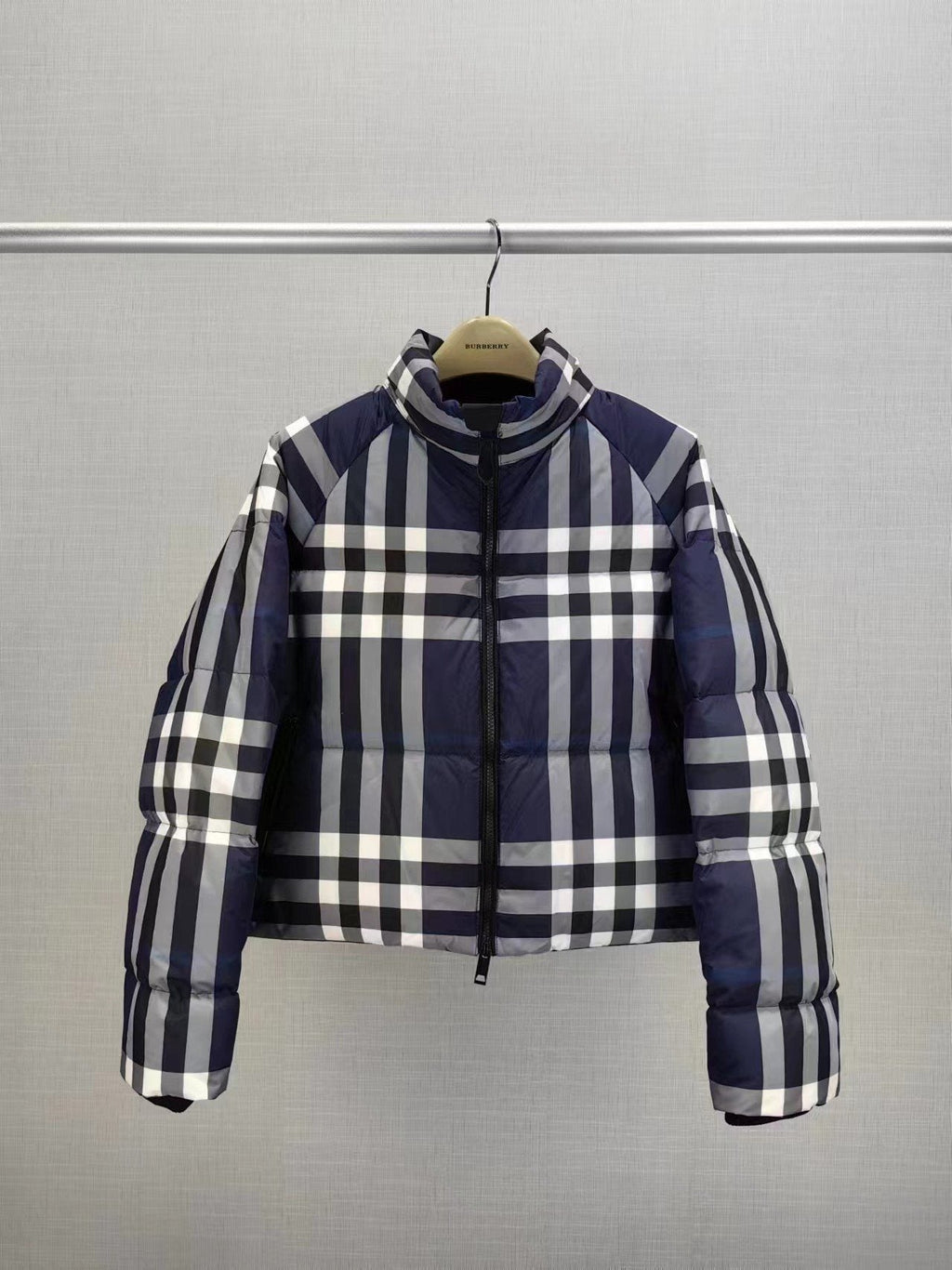 Burberry Beige and Navy Check Short Puffer Jacket