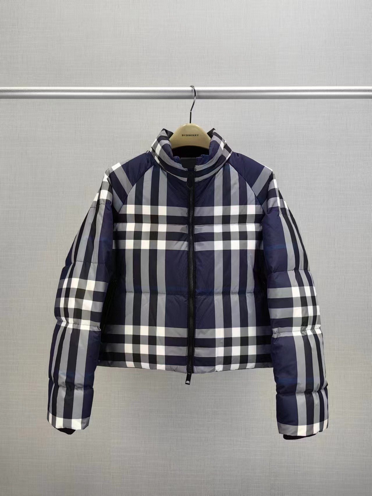 Burberry Beige and Navy Check Short Puffer Jacket