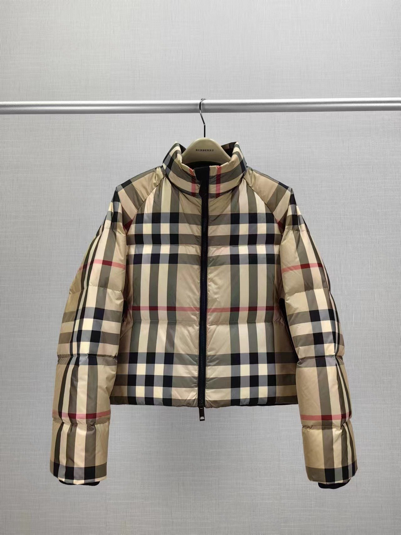 Burberry Beige and Navy Check Short Puffer Jacket