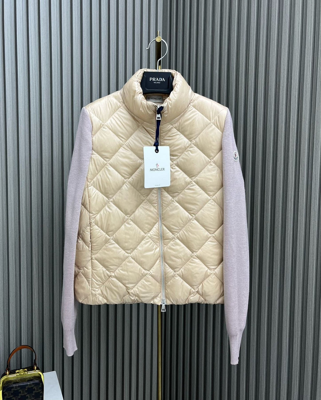 Moncler Diamond-Quilted Knit Sleeve Down Coat