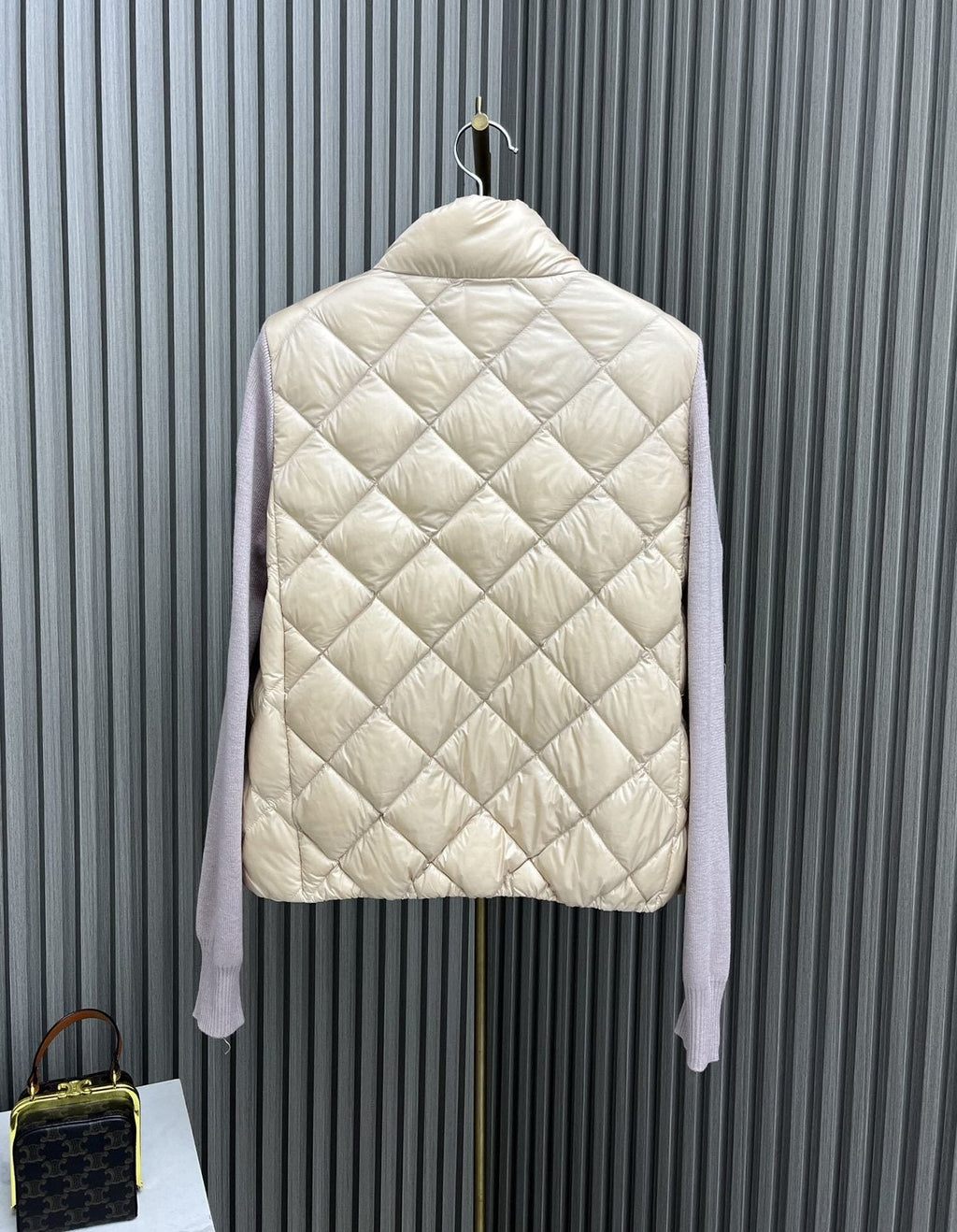 Moncler Diamond-Quilted Knit Sleeve Down Coat