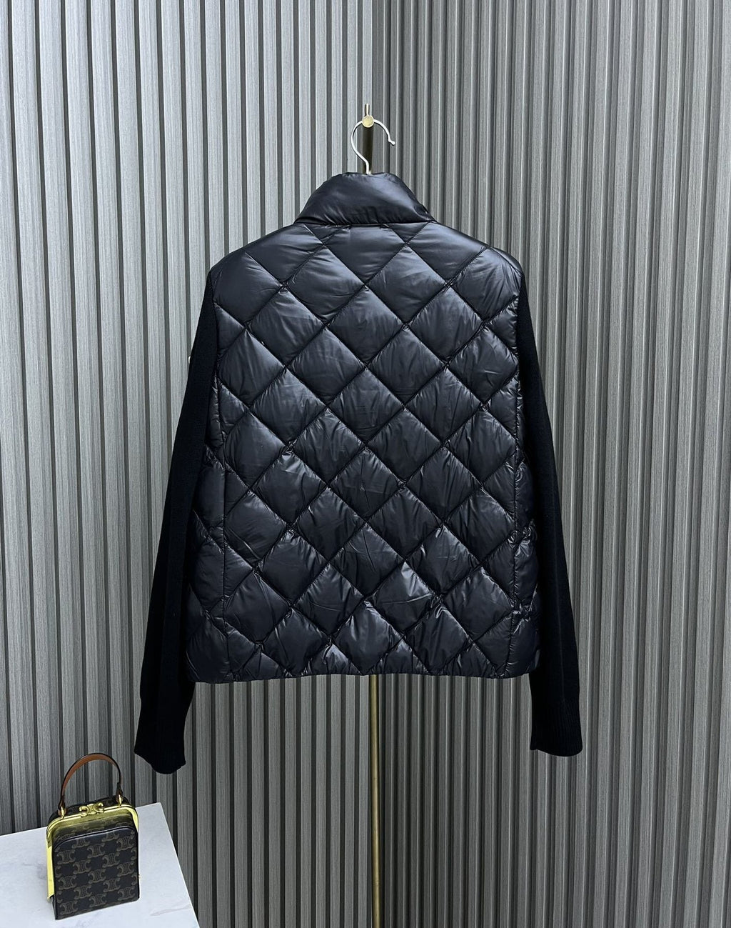 Moncler Diamond-Quilted Knit Sleeve Down Coat