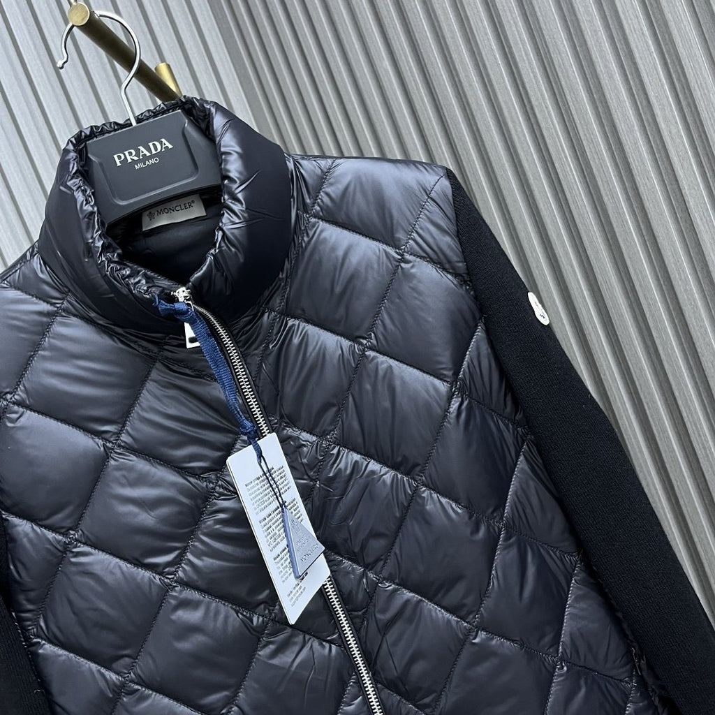 Moncler Diamond-Quilted Knit Sleeve Down Coat