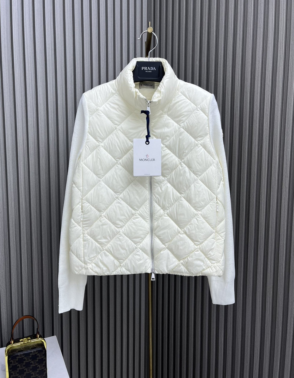 Moncler Diamond-Quilted Knit Sleeve Down Coat