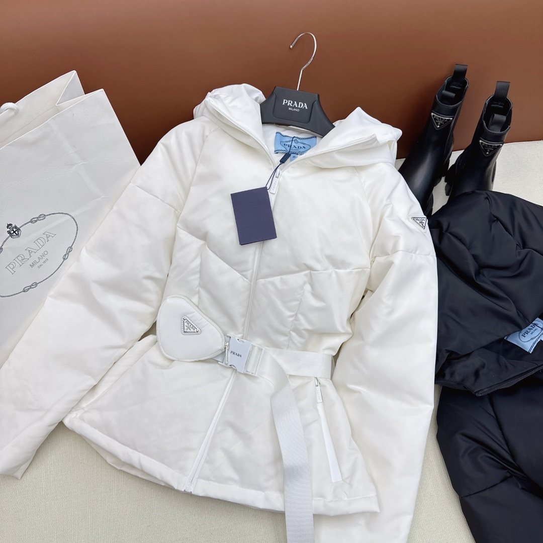Prada Belted Hooded Short Down Jacket