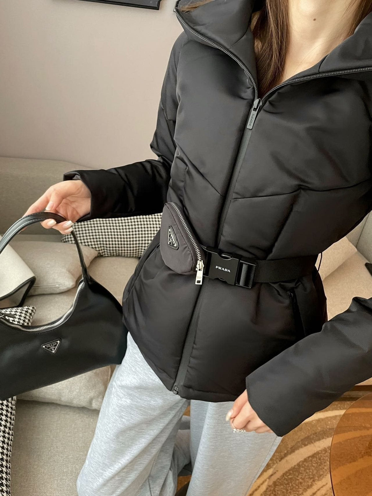 Prada Belted Hooded Short Down Jacket