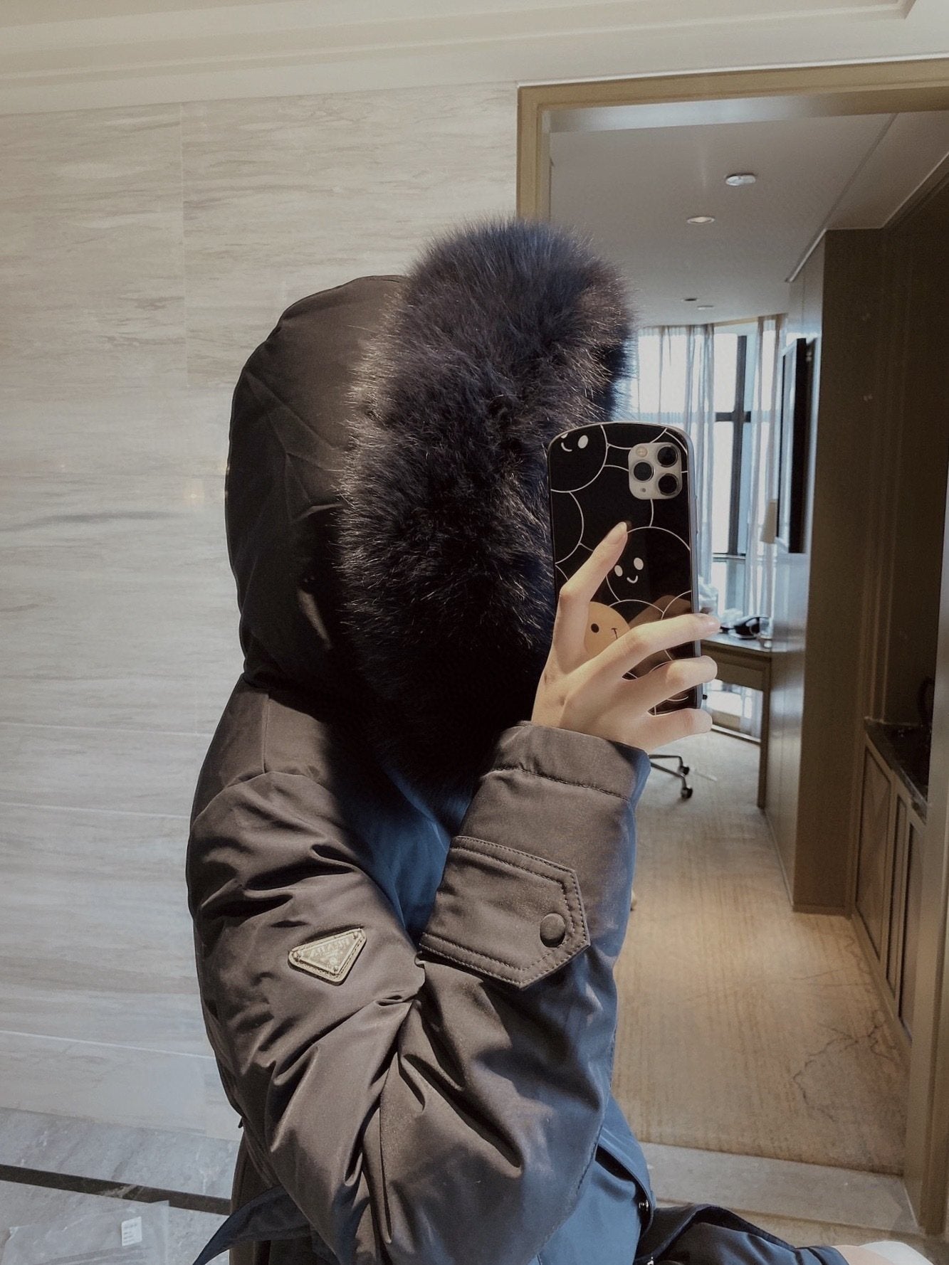 Prada Fur-Trim Hood Belted Long Down Jacket