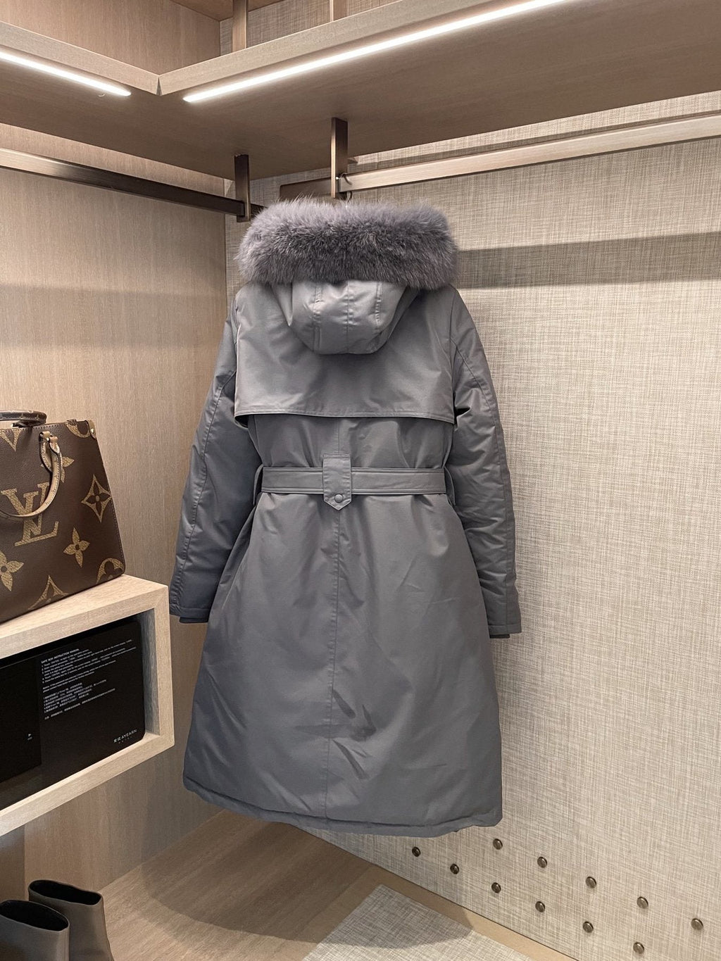 Prada Fur-Trim Hood Belted Long Down Jacket