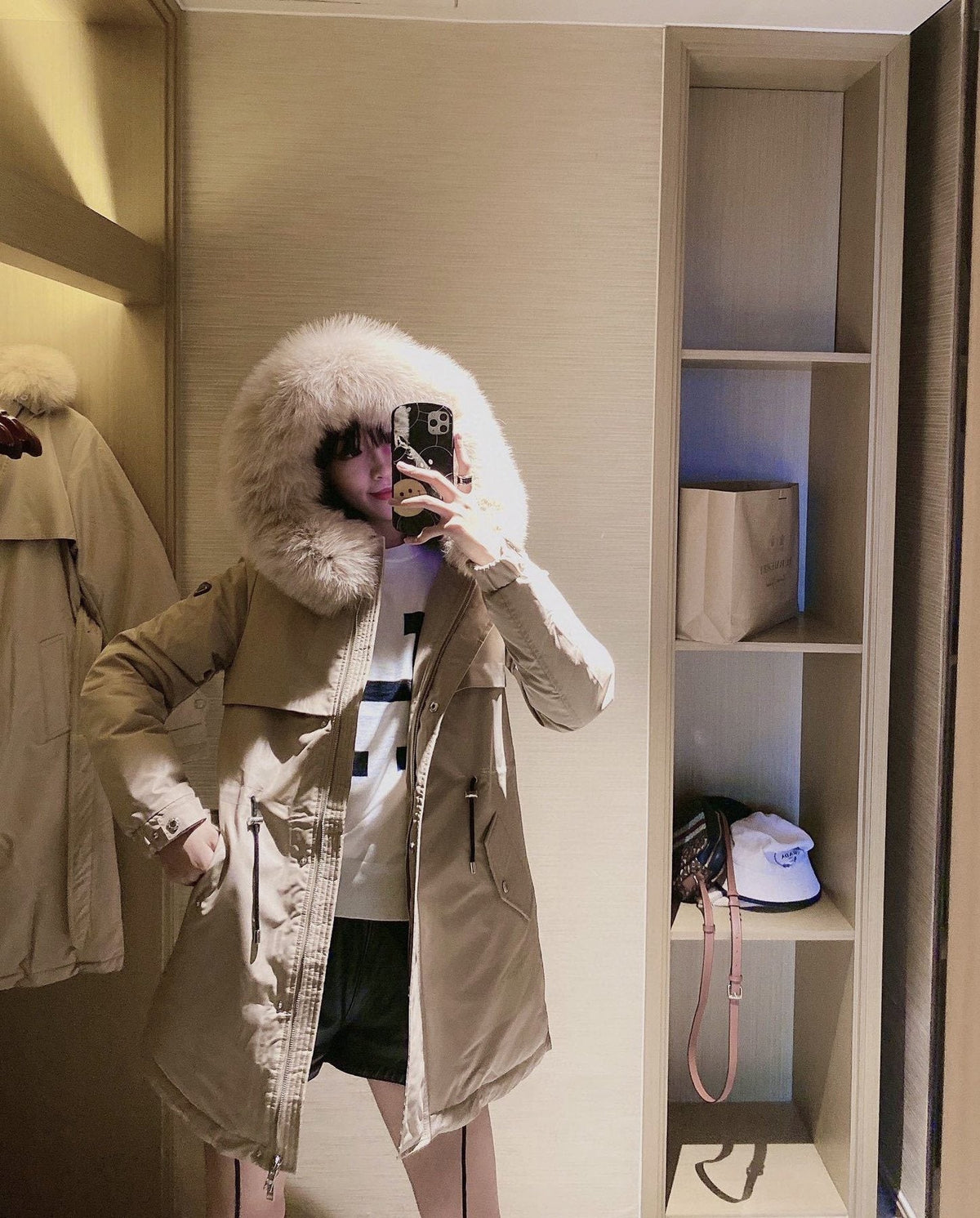 Prada Detachable Fox Fur-Trim Hood Long Down Jacket