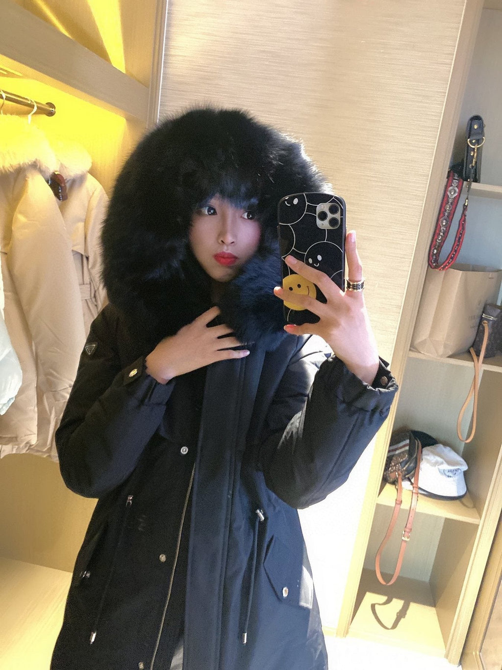 Prada Detachable Fox Fur-Trim Hood Long Down Jacket
