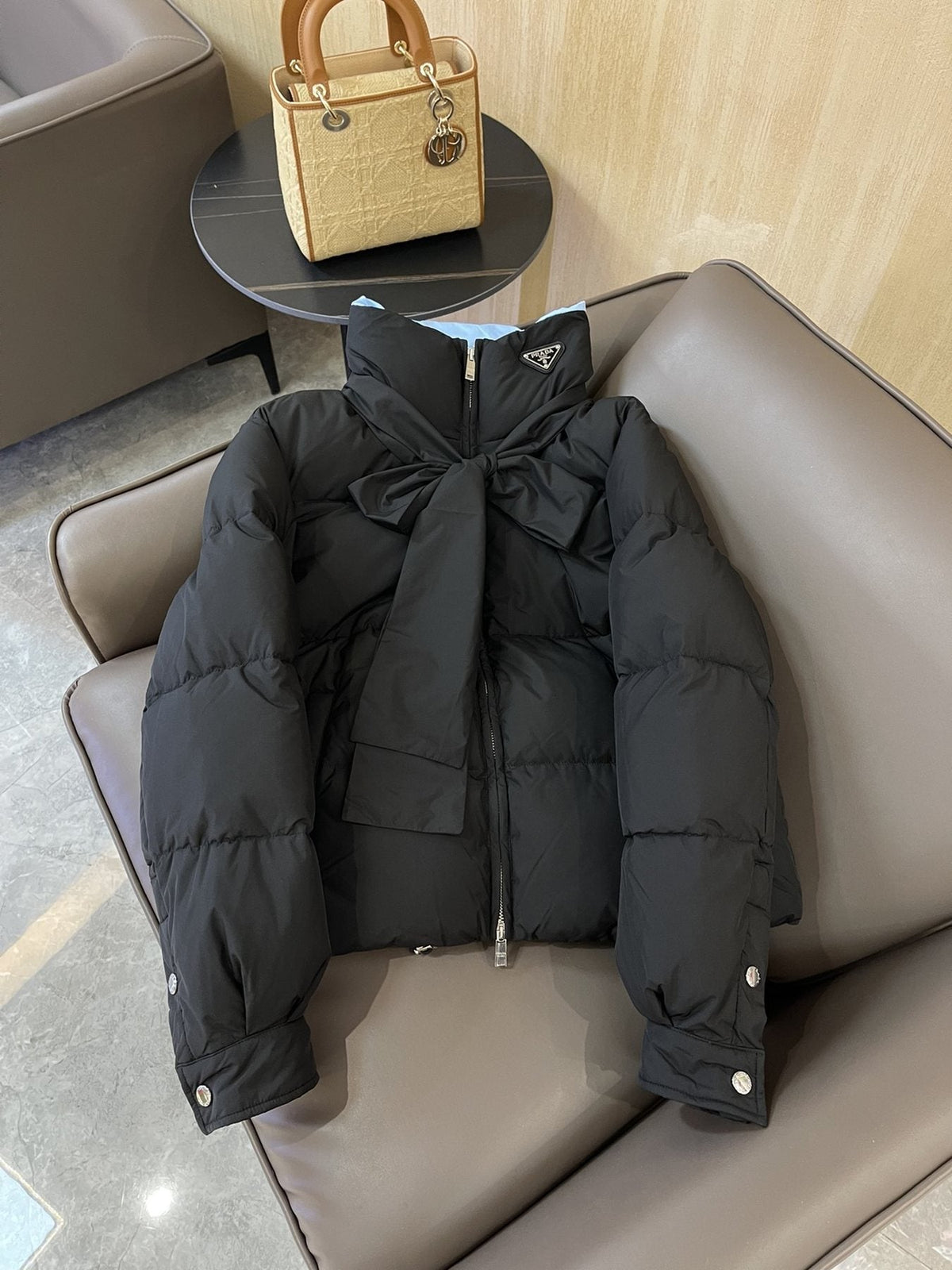 Prada Reversible Cropped Puffer Jacket with Removable Bow Scarf