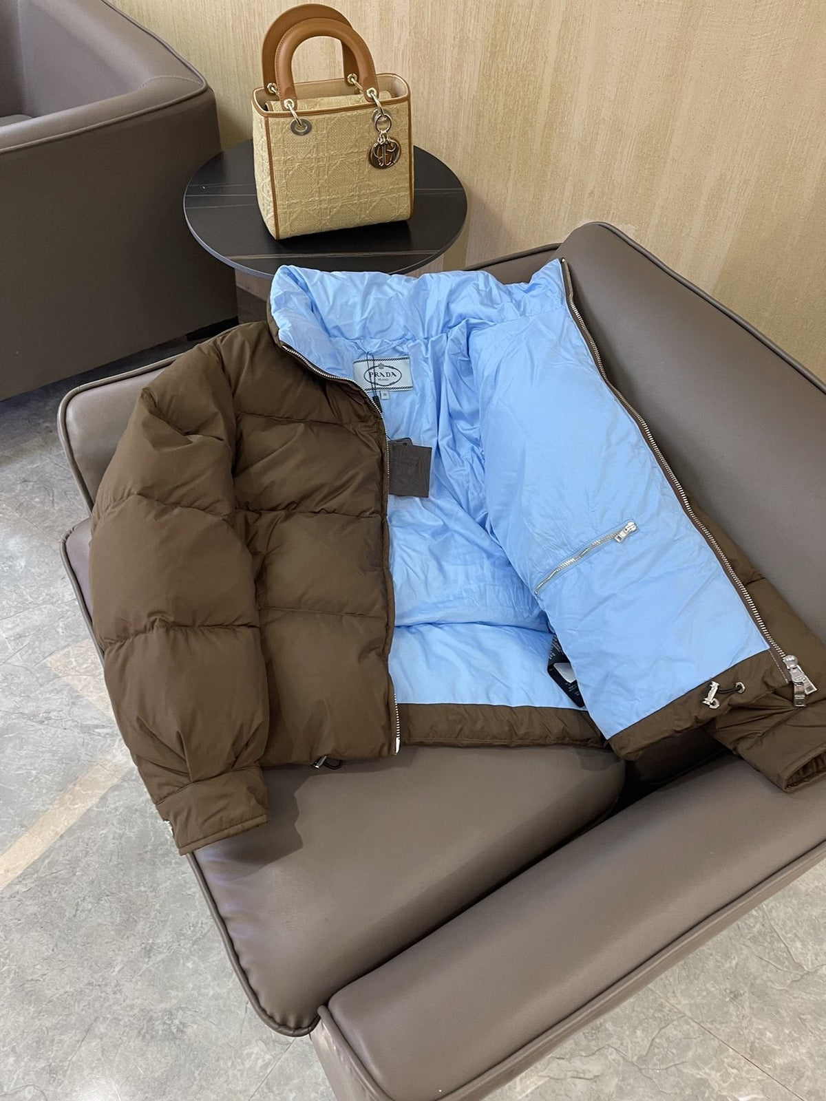 Prada Reversible Cropped Puffer Jacket with Removable Bow Scarf