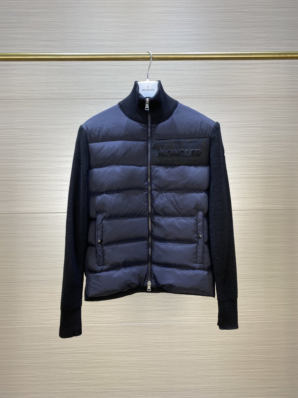 Moncler Quilted Front Knit Sleeve Zip Jacket