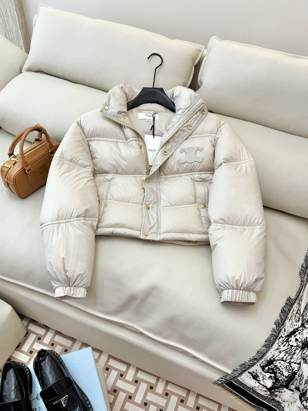 CELINE Cropped Triomphe Monogram Puffer Jacket