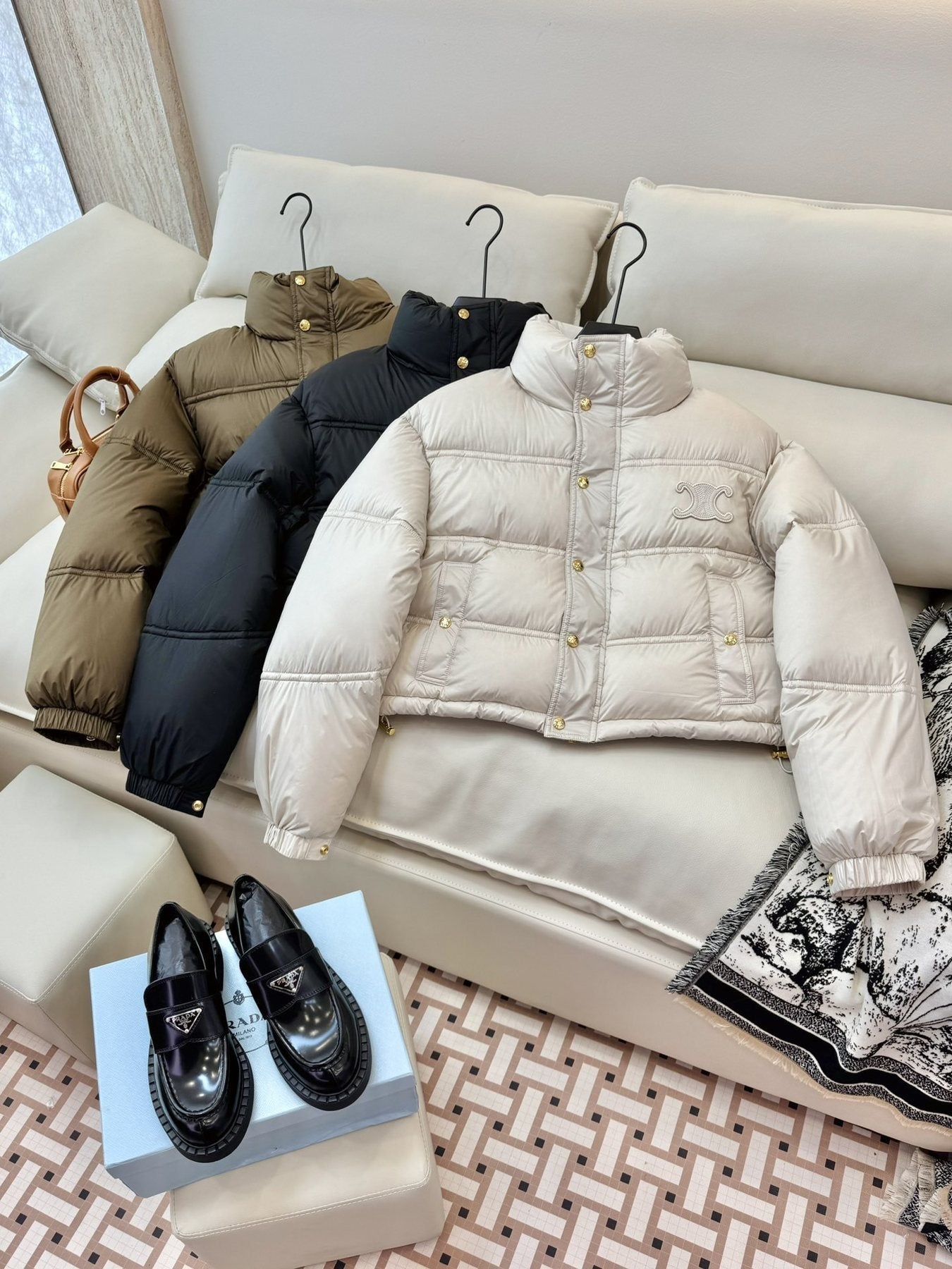 CELINE Cropped Triomphe Monogram Puffer Jacket